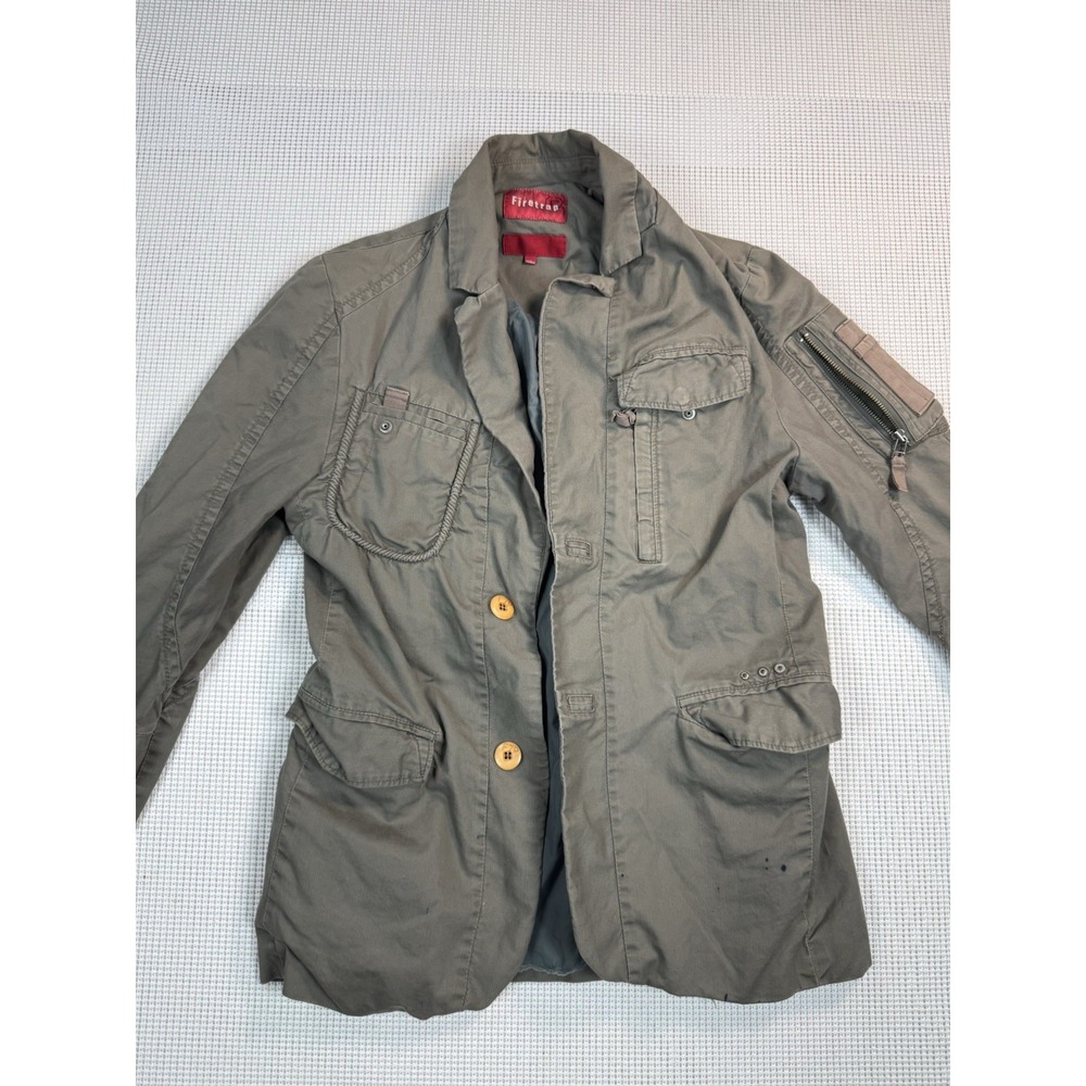 Firetrap Military Jacket Mens M Olive Green Distressed Vintage Style FCAN05